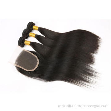 Brazilian virgin hair double drawn natural color silky straight 3bundles with closure 3+1 human hair extensions